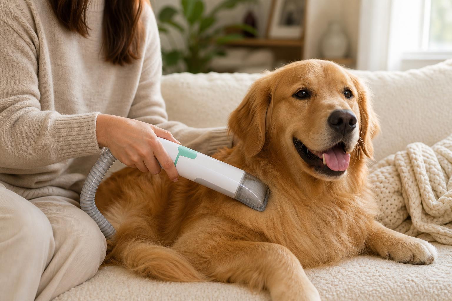 Golden retrievers shed constantly, and CalmCoat catches it before it hits the sofa.
